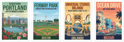 Vintage USA travel poster set. Featuring portland bridges, historic baseball stadium, movie theme park, and miami art deco ocean drive. Retro vector art.