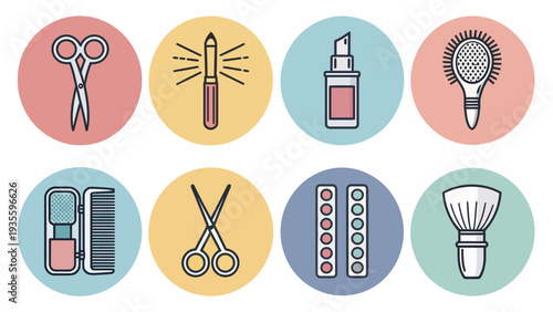 Beauty salon icon set with colorful vector graphics for cosmetics and hair care tools