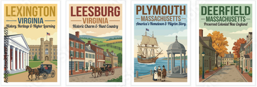 Vintage travel posters featuring historic towns in Virginia and Massachusetts including Lexington, Leesburg, Plymouth and Deerfield. Vector art illustration.