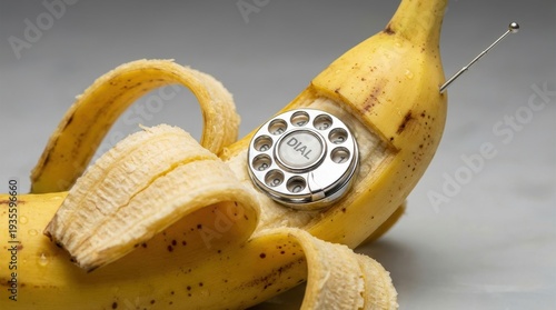 Surreal Humorous Ripe Banana Phone with Chrome Retro Dial-up Keypad Inside