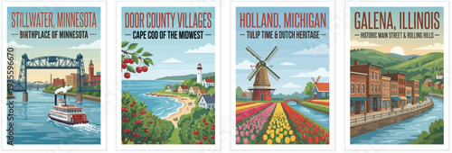 Vintage travel posters of Stillwater Minnesota, Door County, Holland Michigan, and Galena Illinois. Retro vector illustration of historic Midwest towns.