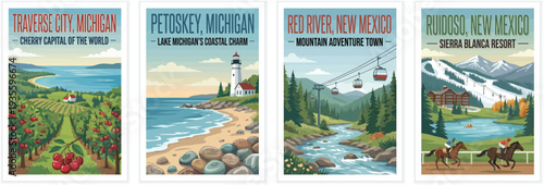 Vintage travel posters of Traverse City, Petoskey, Red River, and Ruidoso. Retro vector art of orchards, lakes, mountain gondolas, and southwest scenery.