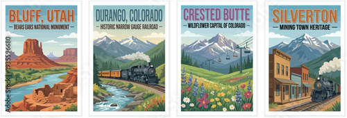 Vintage travel posters of Bluff in Utah, and Durango, Silverton, Crested Butte in Colorado. Retro vector art of historic railroads and mountain scenery.