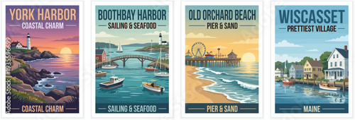 Vintage travel posters of York Harbor, Boothbay Harbor, Old Orchard Beach, and Wiscasset, Maine. Retro vector art of scenic harbors, amusement piers and beaches.