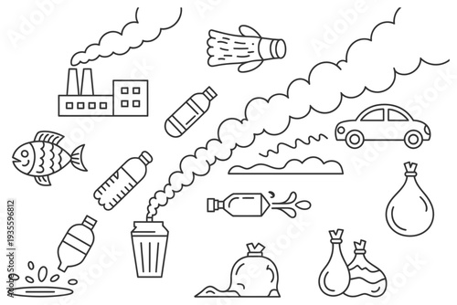 Pollution icon set with various environmental waste and damage illustrations
