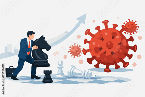 Businessman in suit moving giant black knight chess piece to fight against large red coronavirus molecule on chessboard, representing strategic planning and crisis management during pandemic.
