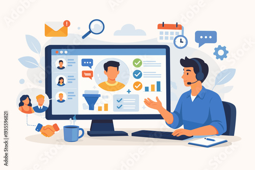 Customer Relationship Management CRM software concept with man using computer for digital marketing strategy, sales funnel, client communication, and data analysis in a modern office workspace.