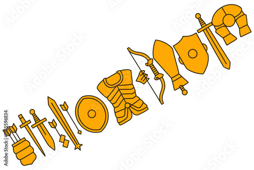 A golden armor icon set with various medieval weapons and shields
