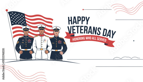 Veterans Day illustration with soldiers and American flag honoring those who served