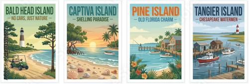 Vintage usa travel poster set. Including bald head island north carolina, captiva and pine island florida, and tangier island virginia. Retro illustration.