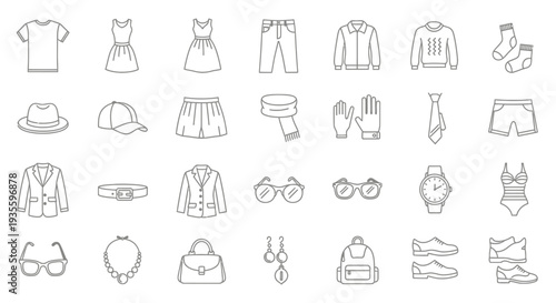 Collection of simple line icons representing various clothing and accessories.