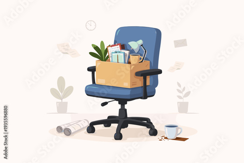 Dismissed Staff Layoff or Unemployed Employee Losing Job or Being Fired, Retired Staff Quit or Resignation Concept with Cardboard Box Full of Personal Belongings on Office Chair Vector Illustration