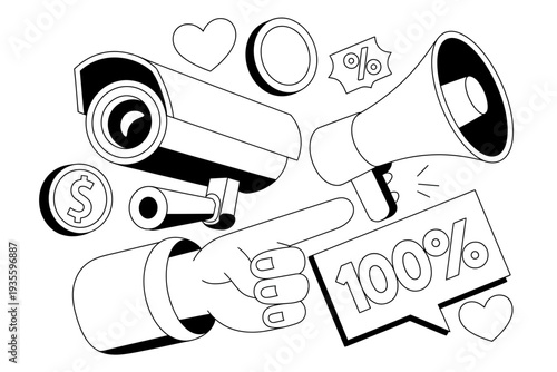 A hand pointing to a megaphone with a 100% speech bubble and a security camera in the background.