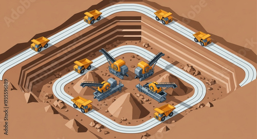 Open pit mine with heavy machinery and conveyor belt system.