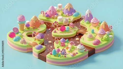 Fantasy sweet world diorama with chocolate river, ice cream and colorful candies, 3D illustration