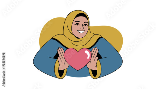 A smiling Muslim woman in hijab holding a heart with a text box