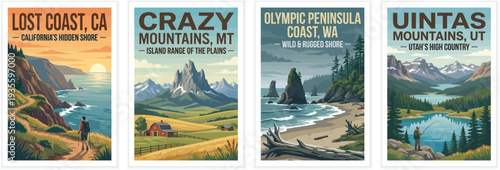 Vintage usa travel poster set. Including lost coast california, crazy mountains mt, olympic peninsula washington, and uintas utah. Retro vector illustration.