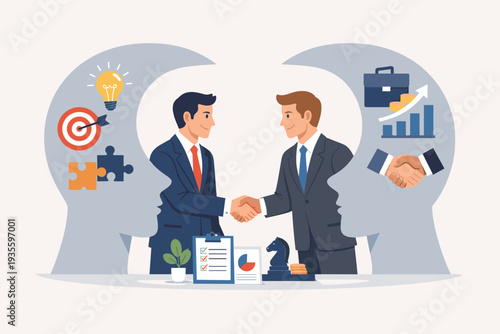 Business negotiation and leadership skills for successful partnership agreement and collaboration meeting with psychology of deal making, strategy planning, and professional handshake vector.