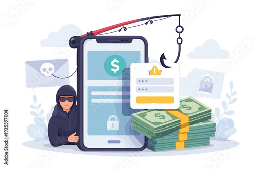 Mobile Phone Banking Scam and Phishing Fraud Concept with Hacker Stealing Money via Malicious Link, Fake Login Website, and Cyber Crime Bait Illustration for Online Security and Data Protection