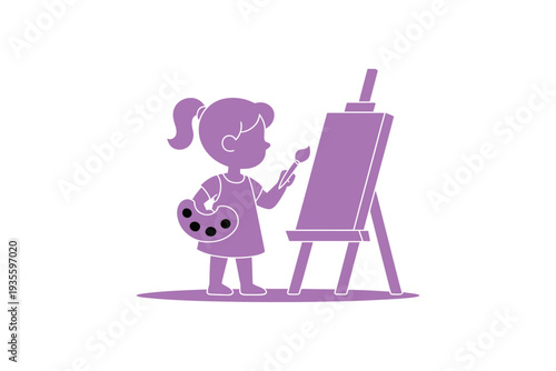 Girl painting on an easel with a brush and palette in hand