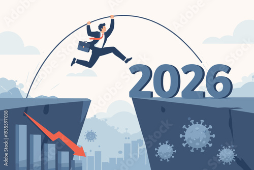 Businessman pole vaulting over a cliff gap from a pandemic economic crisis to a successful year 2026, concept of overcoming business obstacles, financial recovery, and future growth strategy.