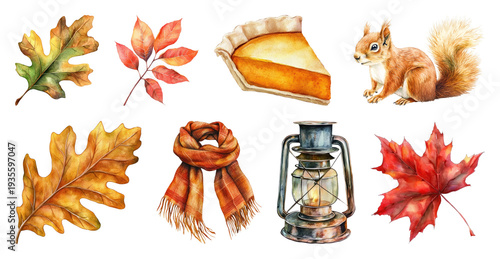 PNG Autumn elements watercolor illustration, element set on transparent background