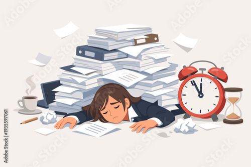 Exhausted businesswoman lying on desk buried under huge pile of paperwork and documents, feeling stressed and burnt out due to heavy workload, deadlines, and time pressure in office environment.