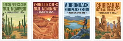 Vintage usa travel poster set. Including organ pipe cactus and vermilion cliffs arizona, adirondack new york, and chiricahua monument. Retro illustration.