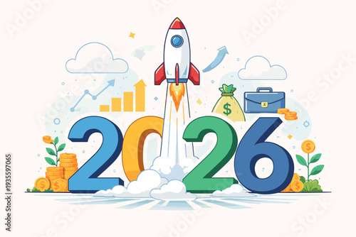 2026 New Year Economic Recovery and Business Growth Concept with Rocket Launching from Numbers, Financial Stimulus, Investment Success, Future Market Trends, and Global Wealth Development Vector