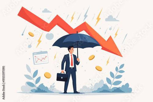 Business Resilience and Protection in Economic Downturn, Businessman with Umbrella Shielding from Market Crash, Downward Trend Arrow and Financial Storm, Defensive Investment Strategy Concept