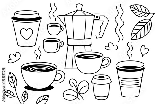 Coffee cup icon set with various coffee cups and leaves illustration