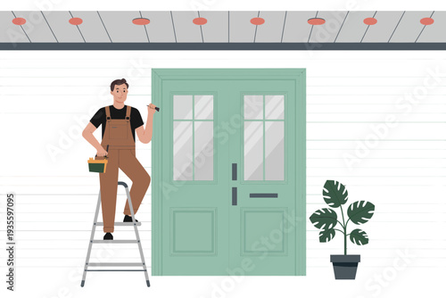 A handyman in brown overalls painting a large green door with a brush