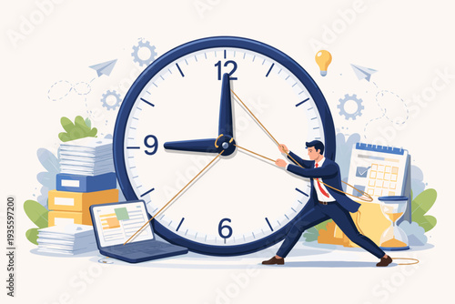 Businessman Pulling Clock Hands with Rope for Time Management, Deadline Pressure, and Productivity Concept. Professional Office Work Planning with Laptop, Calendar, Hourglass, and Documents.