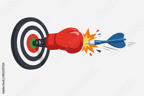 Business Obstacle and Career Struggle Concept with a Boxing Glove on a Spring Emerging from a Target to Block a Dart, Symbolizing Difficulty, Hardship, and Challenges in Achieving Success