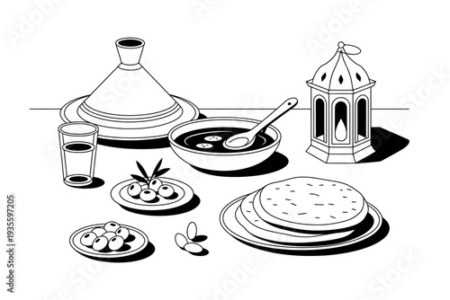 A traditional Moroccan tagine illustration with food and lantern