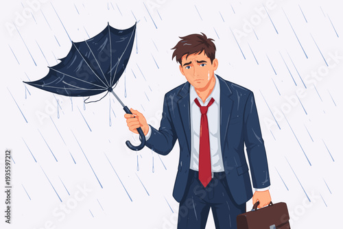 Sad Businessman in a Suit Holding a Broken Umbrella in the Rain, Concept of Bad Luck, Failure, Disappointment, and Useless Effort, Frustrated Office Worker Struggling with Bad Weather and Trouble.