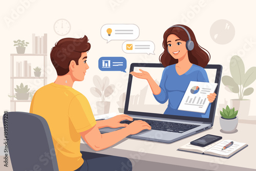 Man having a video conference meeting with a female colleague on a laptop screen, remote work from home concept, business presentation with charts and data, online education, digital communication.