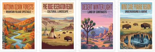 Vintage usa travel poster set. Including autumn ozark forests, pine ridge reservation, desert winter light, and wind cave prairie. Retro vector illustration.