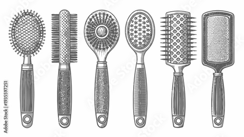 Six different hair brushes and combs for styling and grooming on white background