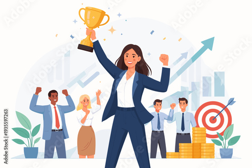 Successful Business Woman Leader Holding Gold Trophy Celebrating Victory with Diverse Team Achievement Concept, Female Empowerment, Leadership, Career Growth, Reaching Target and Success.