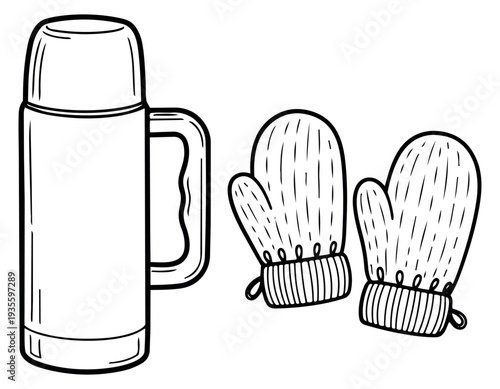 Hand drawn line art winter accessories set featuring a thermos and mittens for cold weather