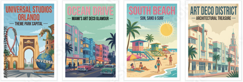 Vintage usa travel poster set. Including orlando theme park, ocean drive miami, south beach, and art deco district. Retro vector illustration.