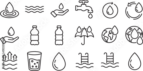 line icons set of water and hydration related concepts