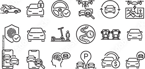 line icons of various transportation and technology concepts