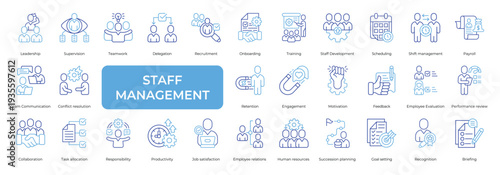 Staff Management Icon set Collection in Line Two Color Style. leadership, supervision, teamwork, delegation, recruitment