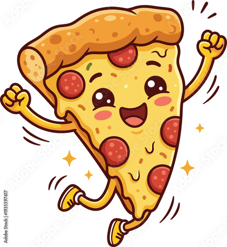 Happy Pizza Slice Character Cheering Excitedly with Arms Raised Joyful Celebration
