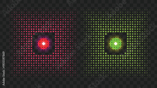 Two square grids of glowing red and green dots with central bright spots on a dark checkered background, resembling digital displays or LED patterns.