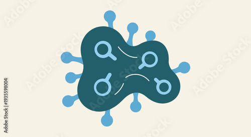 Abstract illustration of a dark teal amoeba-like shape with light blue protrusions and internal magnifying glass icons connected by dotted lines, representing research or analysis.