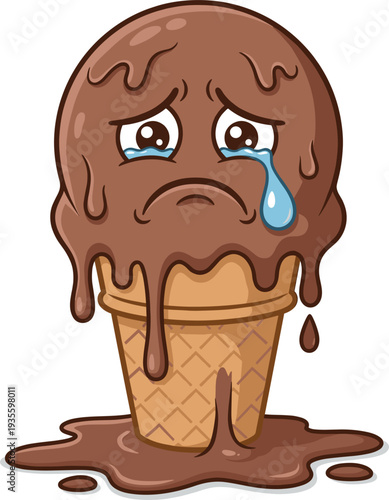 Sad Melting Chocolate Ice Cream Cone Character With Tears And Dripping Sauce On White Background