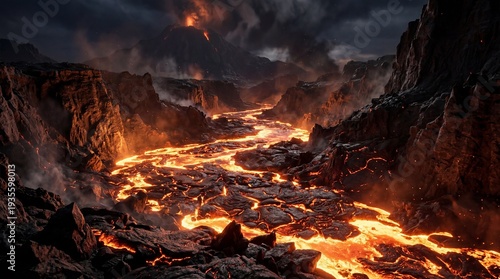 Lava Flow: Molten lava flows through a dark, rugged volcanic landscape under a stormy sky.